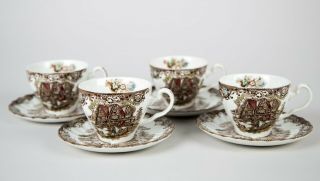 Johnson Brothers Heritage Hall Brown Multicolor Cup & Saucer Set Of 4 Vintage