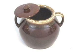 Vintage Glazed Brown Drip Cookie Jar Bean Pot With Lid Handles Made In Usa