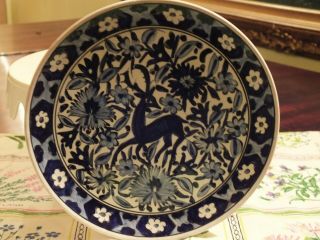 Ikaros Pottery Rhodes Greece Hand Made Cobalt Blue Plate Deer Floral A500 - 2