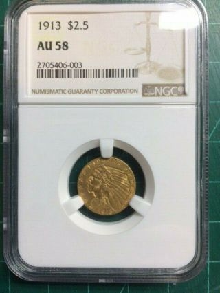 1913 Gold Indian Head $2.  5 Quarter Eagle Ngc Au 58