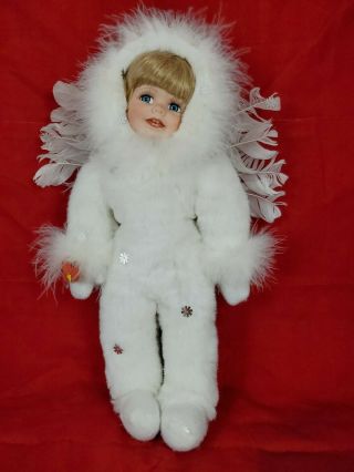 14 " Snow Angel Christmas Porcelain Doll On A Stand With White Fur And Cardinal