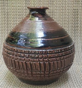 Studio Art Pottery Weed Glazed Pot Bud Vase Signed Brown 6 