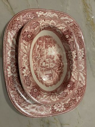 Wood & Sons “woodland” England Pink Red Serving Platter And Bowl