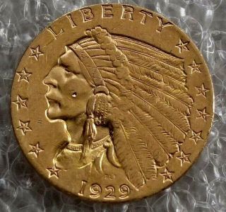 1929 Usa $2 1/2 Dollars Gold Coin Indian Head Quarter Eagle Crisp