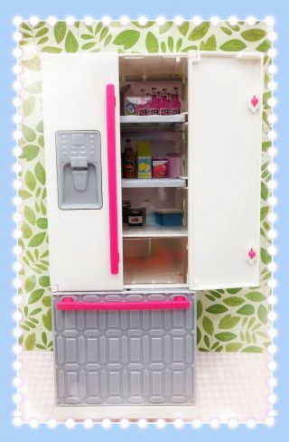 Barbie White / Pink Fridge Fun 2015 Barbie Doll Furniture Mattel Food Shelves