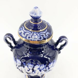 Vintage Cobalt Blue White Cherubs Angels Urn Vase Jar w/ Lid Made In Italy 2