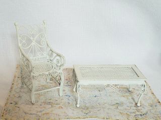 Dollhouse Miniature 1:12 White Metal Chair Table Set