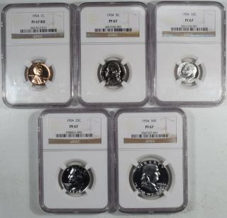 1954 5 Piece Proof Set,  Matched Ngc Pr - 67,  All Coins Are Lustrous & Untoned