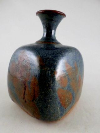 Vtg Stoneware Studio Pottery Squared Weed Pot Vase - 7 " Tall - Interesting Shape