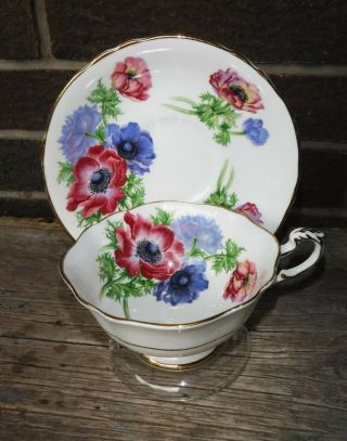 Paragon Cup And Saucer Hand Painted Large Fuchsia And Blue Poppies