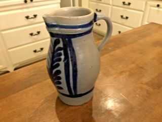 Vintage Salt Glaze Stoneware Pitcher Pottery,  Cobalt Blue Leaf Design 1.  5l