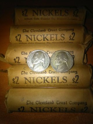 5 Rolls Of 35 Silver War Nickles (200) All Different Dates In Old Paper Rolls