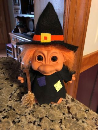 Russ Troll Doll Halloween Witch 5.  5” Tall With A Broom Orange Hair