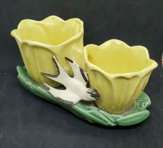 Vintage McCoy Pottery Double Tulip Planter With Swallow 10.  5 