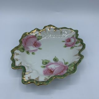 Vintage Porcelain Hand Painted Rose Leaf Shaped Trinket Dish