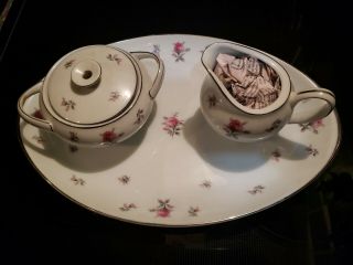Vintage Meito Rosechintz China Sugar Bowl W/lid,  Creamer,  & Platter Set