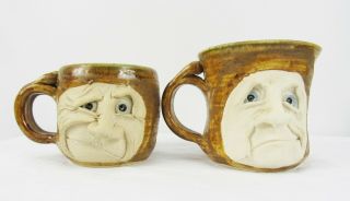 Alabama Southern Folk Art Pottery Pair Face Coffee Mugs Stoneware Drip Glaze