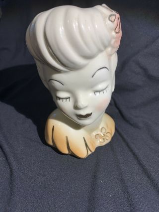 Vintage Glamour Girl Lady Head Vase Planter Hand Painted Gold Trim - Pink Accent