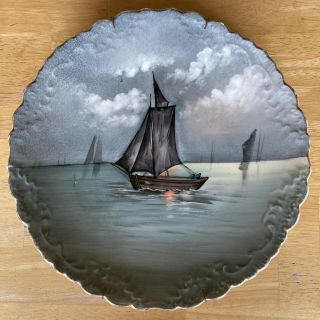 Limoges Porcelain Cabinet Plate Hand Painted With A Sail Boat On The Water
