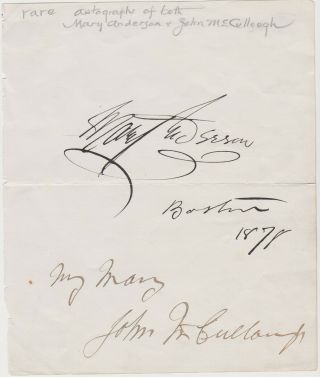 1878 Autographs Of Actor John Mccullough & Actress Mary Anderson On Same Page