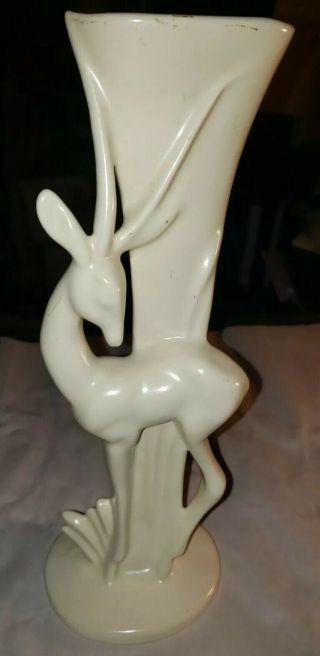 Vintage Mcm Haeger Pottery White Vase With Deer Gazelle