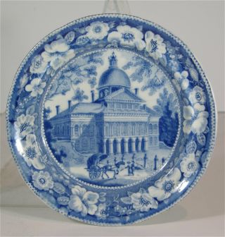 1830s Boston State House Historical Staffordshire Flow Blue Plate Enoch Wood