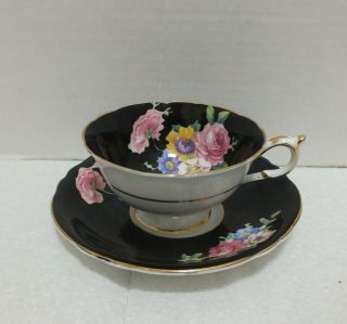 Paragon Double Warrant Black Wide Mouth Cup And Saucer Floral Rose Bouquet