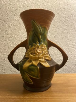 Roseville Pottery Water Lily Vase With Handles 73 - 6 Tan Brown Yellow 6.  25 "