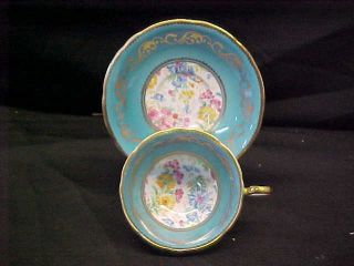 Aynsley Bone China Hand Painted W Heavy Gold Trim Turquoise Cup & Saucer