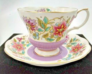Vintage Royal Albert Purple And Floral Jacobean Tea Cup And Saucer Set