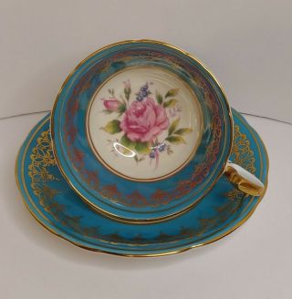 Ansley Teacup And Saucer Turquoise Blue/gold Gilt/pink Rose/ Floral - C805