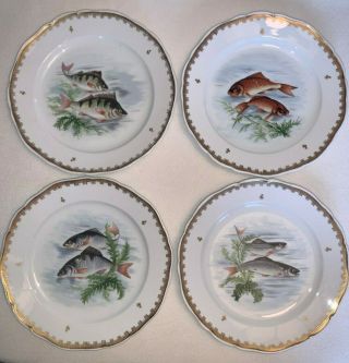 Vintage Hand Painted France Fish Plates Set Of 4 Dinner Plates 9 - 1/2”