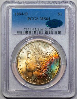1884 - O Morgan Dollar - Pcgs - Ms - 64 - Rainbow Toned - Cac Approved