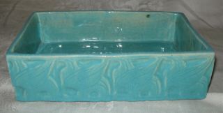 Vintage Art Pottery Aqua Rectangular Planter W/ Leaf Design,  8 3/4 " Signed