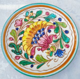 Vintage Sgraffito Italian Art Pottery Floral Wall Plate 8 " Flowers C1930s - 1940s