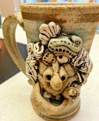 Vtg Art Pottery Stoneware 3d " Ugly Face Funny Mug Cigar Smoke Tall Rare