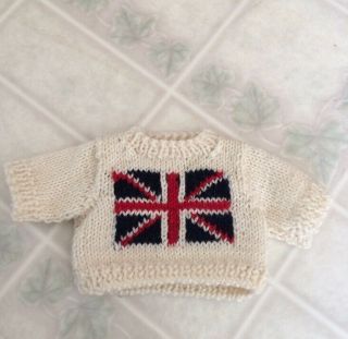 Baby Doll Hand Knit Cream Colored Sweater United Kingdom Union Jack Flag 4 1/2 "