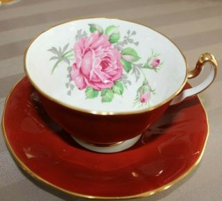 Adderley Deep Burnt Red With Pink Rose Tea Cup And Saucer Made In England H1445