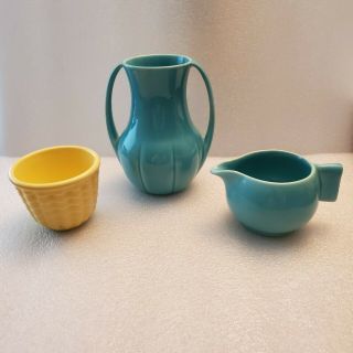Vintage Gladding Mcbean Pottery - Turquoise Vase & Creamer,  Yellow Custard Cup
