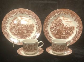 Churchill Currier & Ives Harvest Set Brown Transfer 2 Plates 2 Cups 2 Saucers
