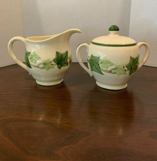 Vintage Franciscan Ivy Usa Creamer And Lidded Sugar Bowl With Green Trim On Lid