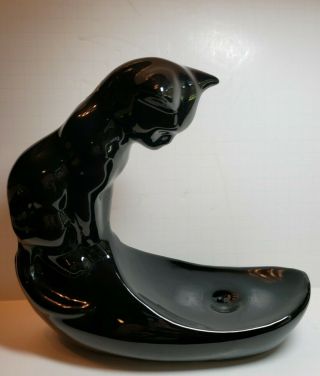 Vintage Camark Pottery MCM Decor Black Cat Goldfish Watching Missing Bowl 2