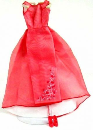 Vintage Barbie Doll Clothes Red Satin Gown With Rose Design And Red Shoes
