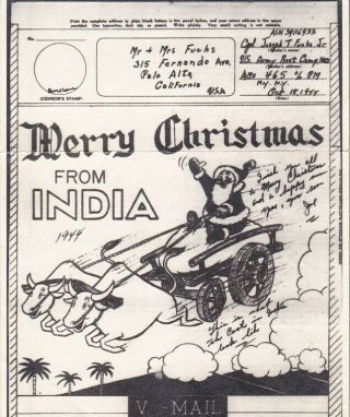 1944 Us Vmail Illustrated Santa Pulled By Water Buffalo India Apo 465 D