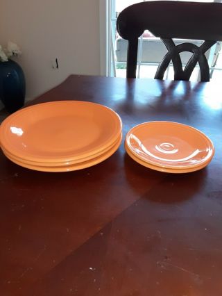 3 Fiestaware Tangerine Orange 10.  5 " Dinner Plate And 2 Small Saucers Fiesta