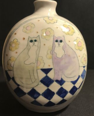 Solveig Cox Cat Flower Vase Pottery - 1987 Hand Crafted Art Blue Purple