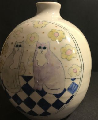 Solveig Cox Cat Flower Vase Pottery - 1987 Hand Crafted Art Blue Purple 2