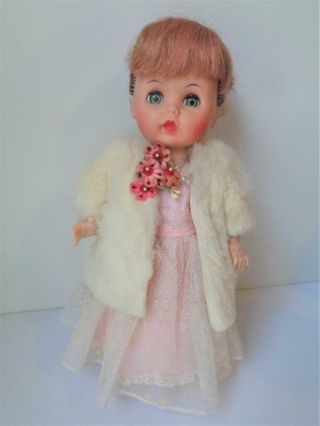 1955 R&b Arranbee Littlest Angel Doll In Pink Formal Dress & Fur Coat
