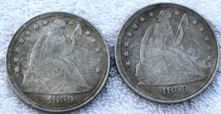 Two 1859 O Seated Liberty One Dollar 2