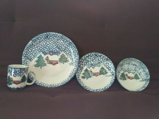 Tienshan Folk Craft Cabin in the Snow Stoneware 4 place settings plus 3